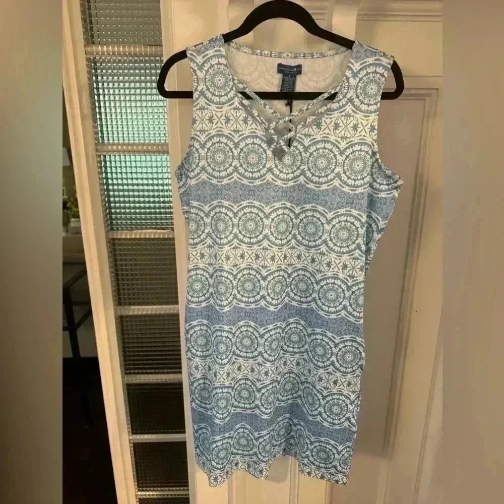 Caribbean Joe sleeveless dress blue & teal print pockets size small NEW